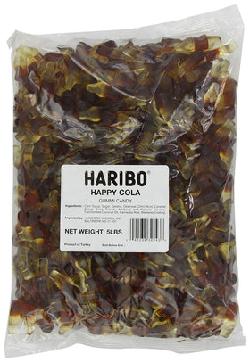 Haribo Happy-Cola gummy candy bottle close-up showing cola flavor and chewable texture for sharing
