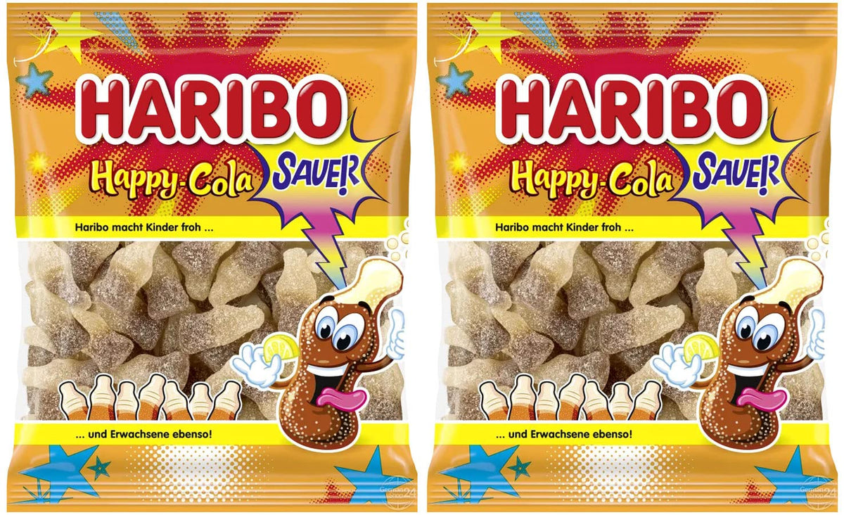 Haribo Happy-Cola Sauer 2-pack pack-shot: tangy cola flavor, chewy texture, shareable.