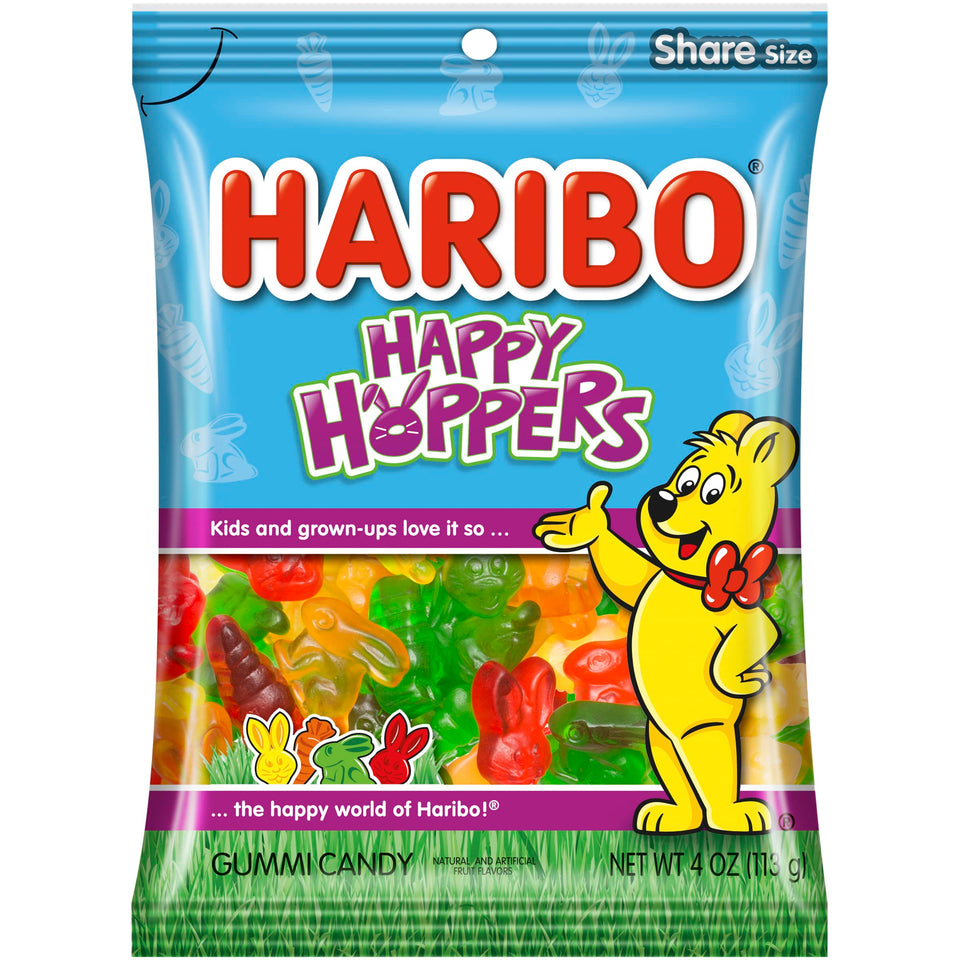 Haribo Happy Hoppers Easter gummy candies in a 4 oz bag, ideal for Easter baskets and celebrations.