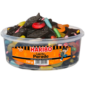 Haribo Lakritz Parade licorice sticks in black packaging, ideal for parties and gifting.