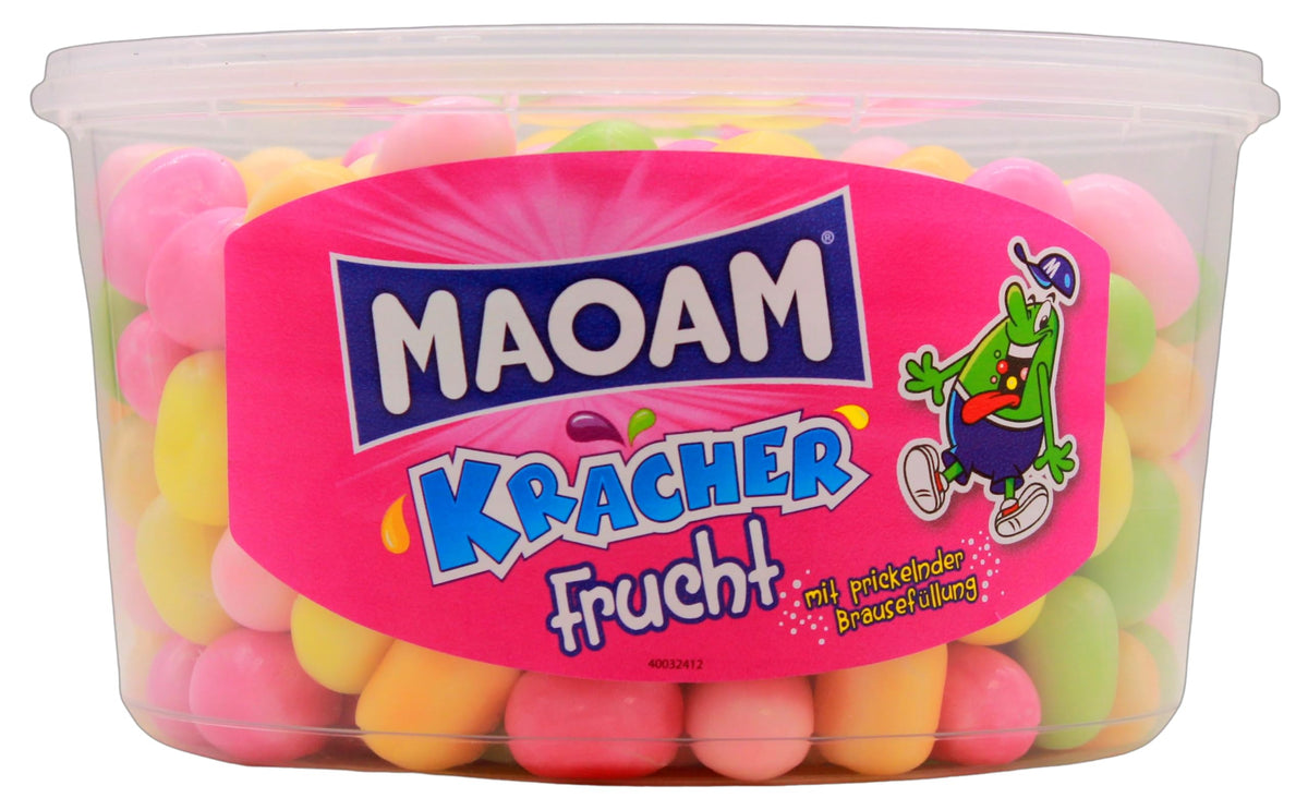 Haribo Maoam Fruit Crunchers tub with colorful candies ready for sharing