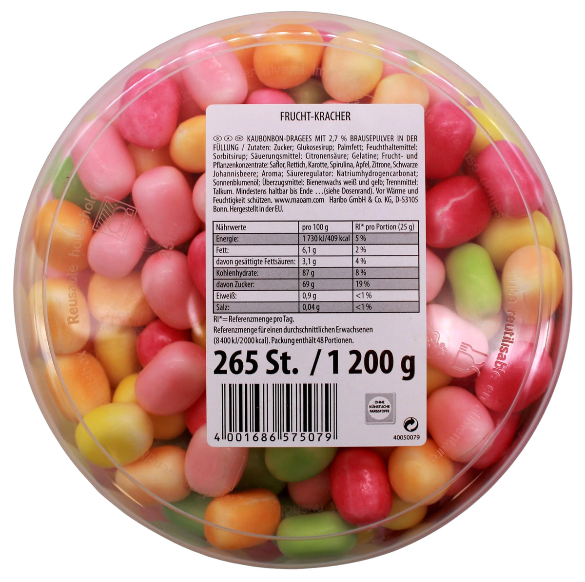 Close-up of Haribo Maoam Fruit Crunchers shells and tingling centers for snacking