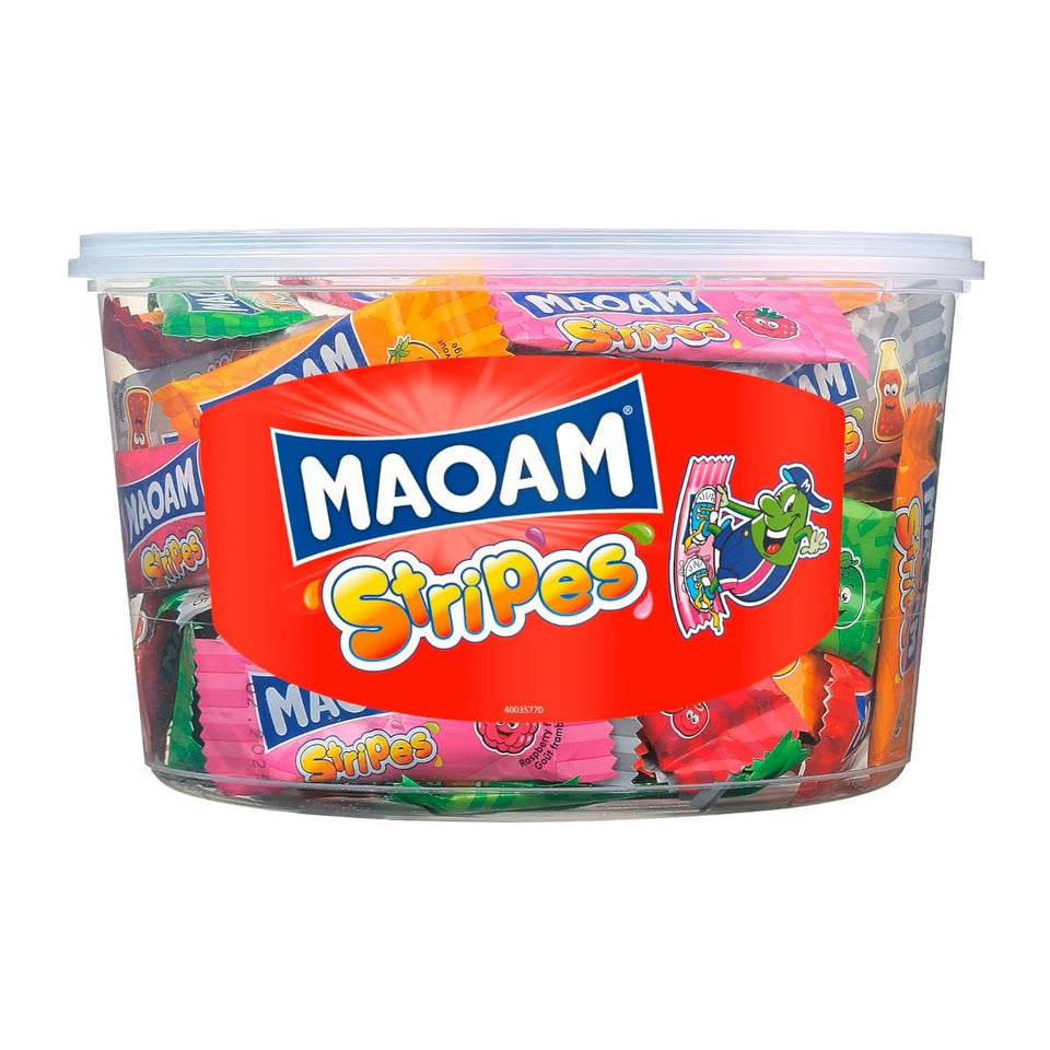 Haribo Maoam Stripes tin with mixed fruit and cola chews for on-the-go snacking
