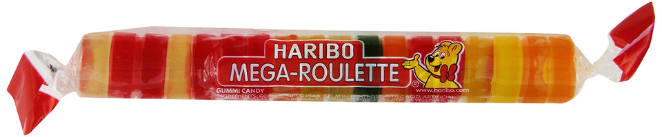 Haribo Mega-Roulette gummy candy roll close-up with vibrant fruity colors for snacking