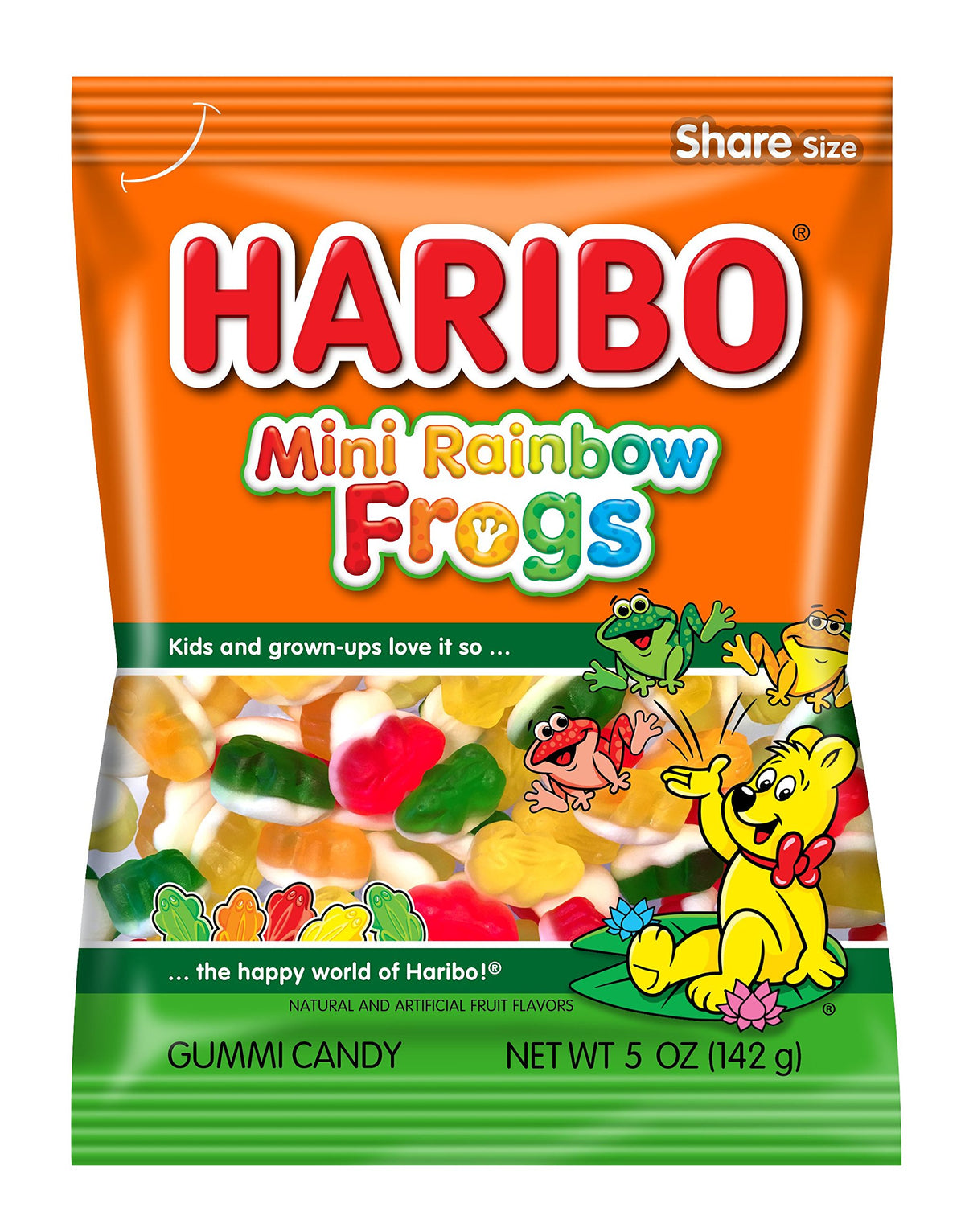 Haribo Mini Rainbow Frogs gummies in a colorful bag, ideal for sharing at parties.