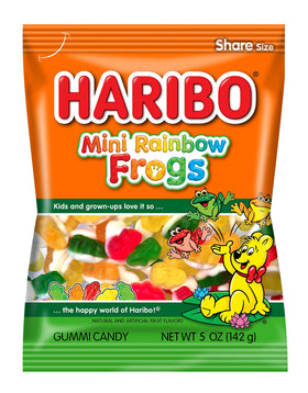 Haribo Mini Rainbow Frogs gummies in a colorful bag, ideal for sharing at parties.