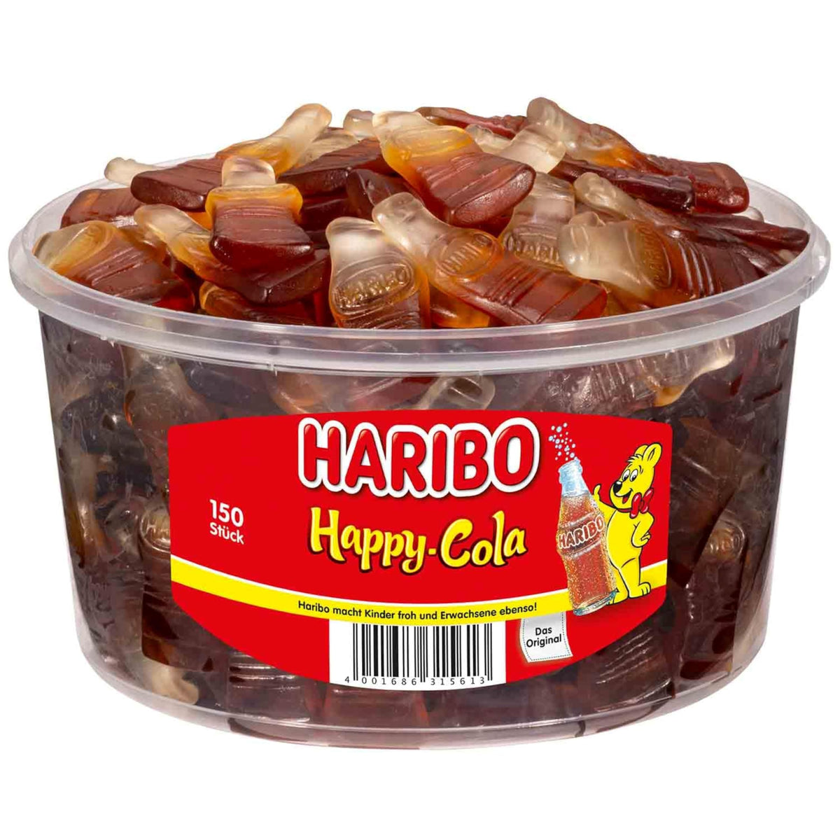 Haribo Original Happy Cola 150-piece tub with cola bottle design, great for parties.