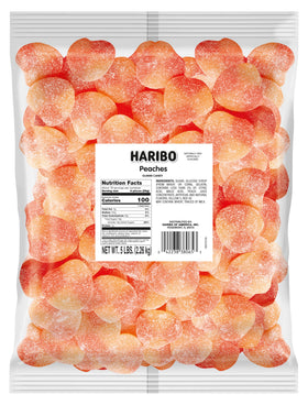 Haribo Peaches Gummi Candy pack front view, ideal for sharing with friends