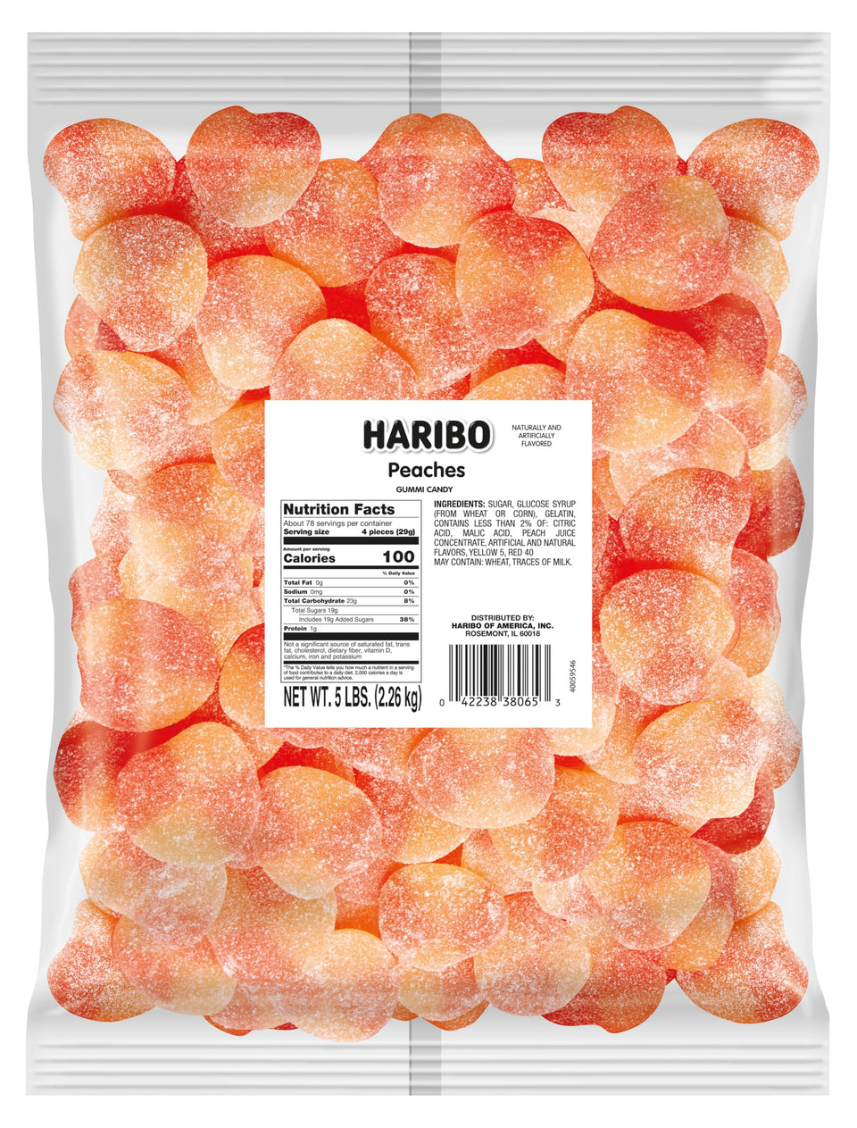 Haribo Peaches Gummi Candy pack front view, ideal for sharing with friends