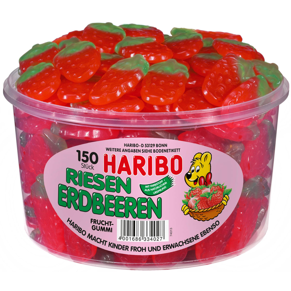 Haribo Riesen Erdbeeren tub front view with 150 giant strawberry gummies for sharing