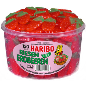 Haribo Riesen Erdbeeren tub front view with 150 giant strawberry gummies for sharing