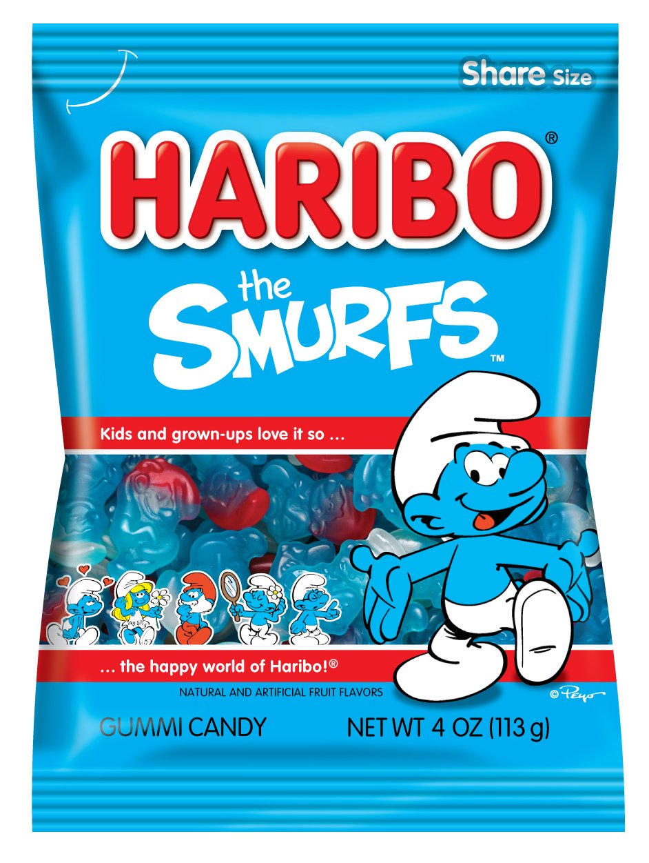 Haribo Smurfs Gummi Candy 4oz bag close-up, colorful and great for sharing.