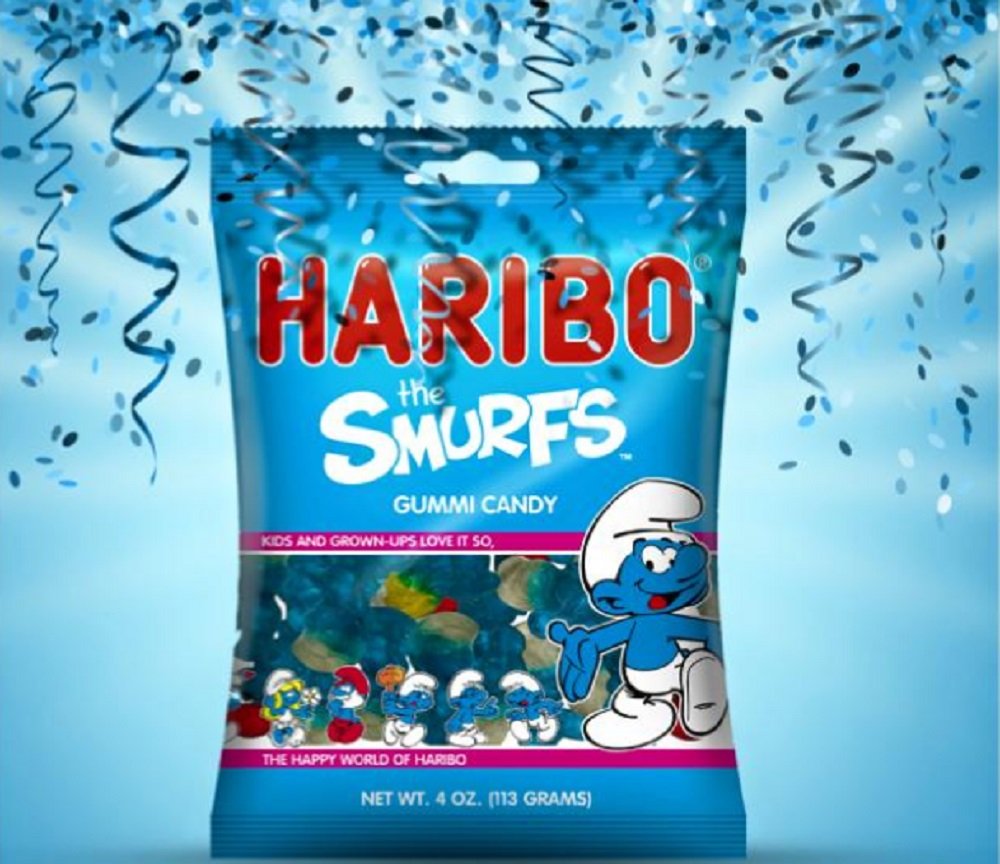 Haribo Smurfs Gummi Candy serving display, perfect for gift baskets.