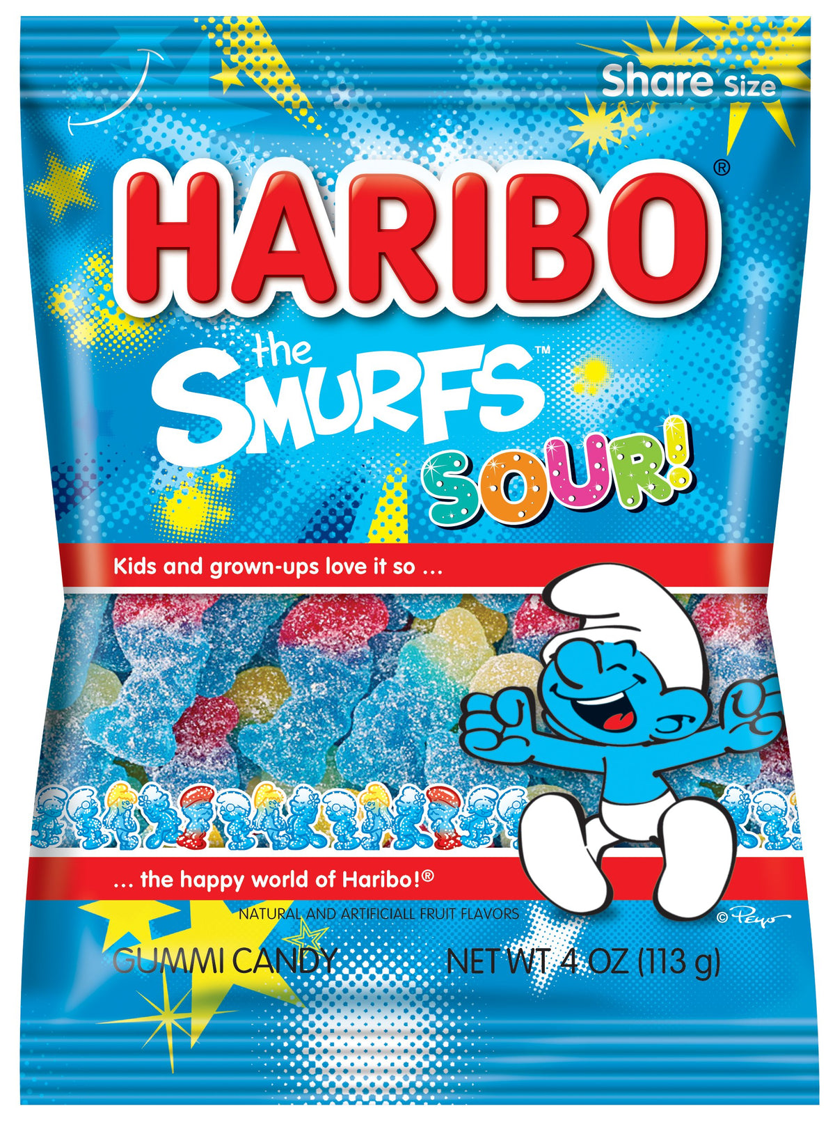 HARIBO Sour Smurfs candy front view image, great for sharing at parties.