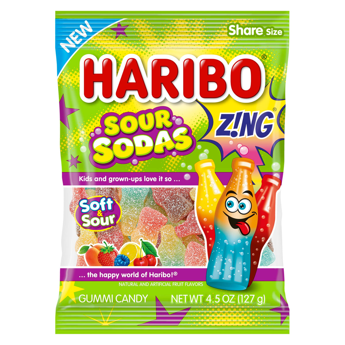 Haribo Sour Sodas bottle close-up with tangy flavors in a crunchy-sugar finish.