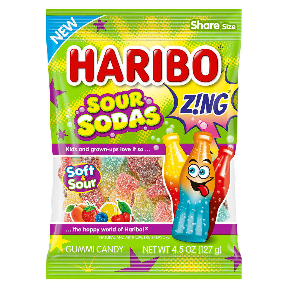 Haribo Sour Sodas bottle close-up with tangy flavors in a crunchy-sugar finish.