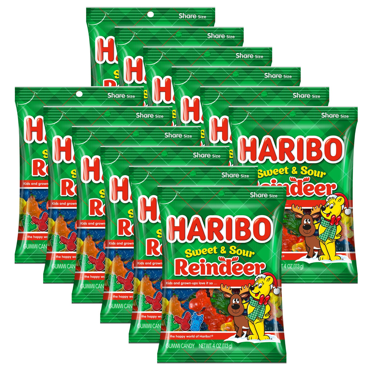 Haribo Sweet and Sour Reindeer packaging showcases festive colors for holiday gifting.