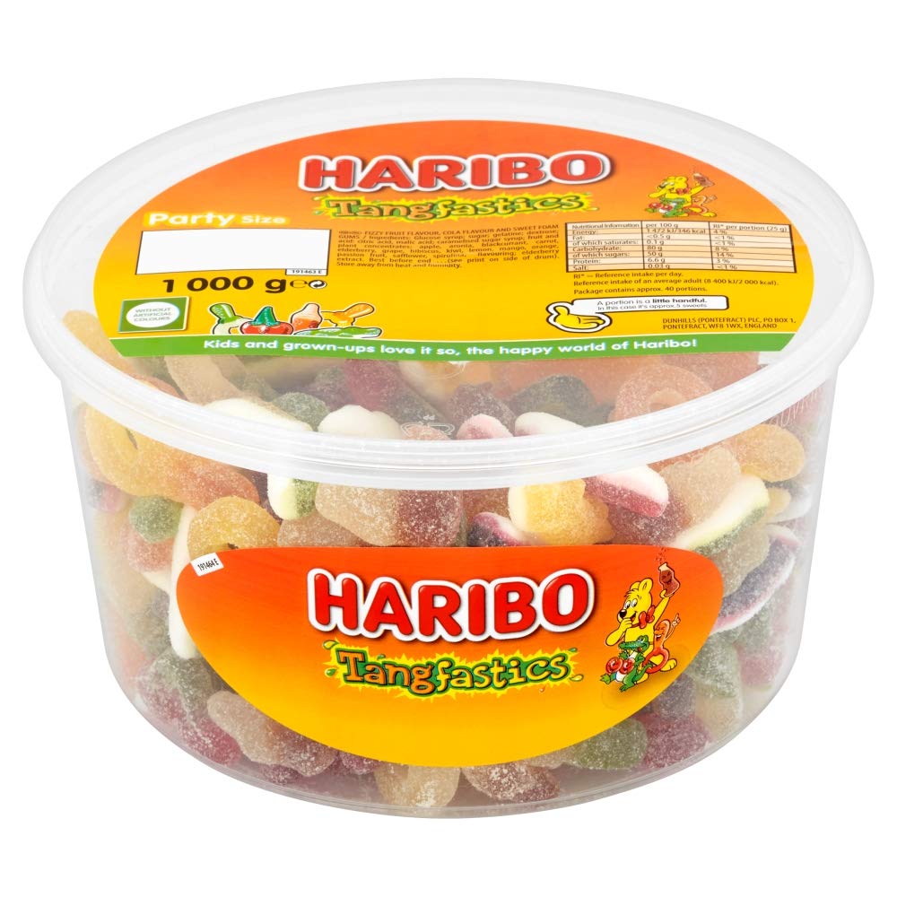 Haribo Tangfastics tub close-up of crocs-shaped gummies.