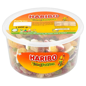 Haribo Tangfastics tub close-up of crocs-shaped gummies.