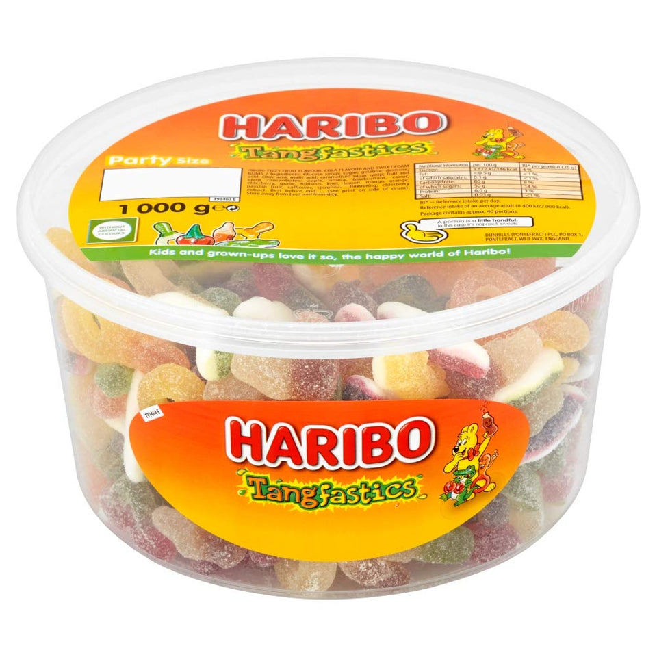 Haribo Tangfastics tub 1000g with fizzy fruit bites for sharing.