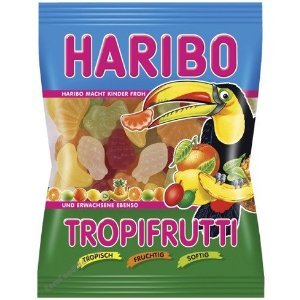 Haribo Tropifrutti two-pack image showing colorful tropical gummies for sharing.