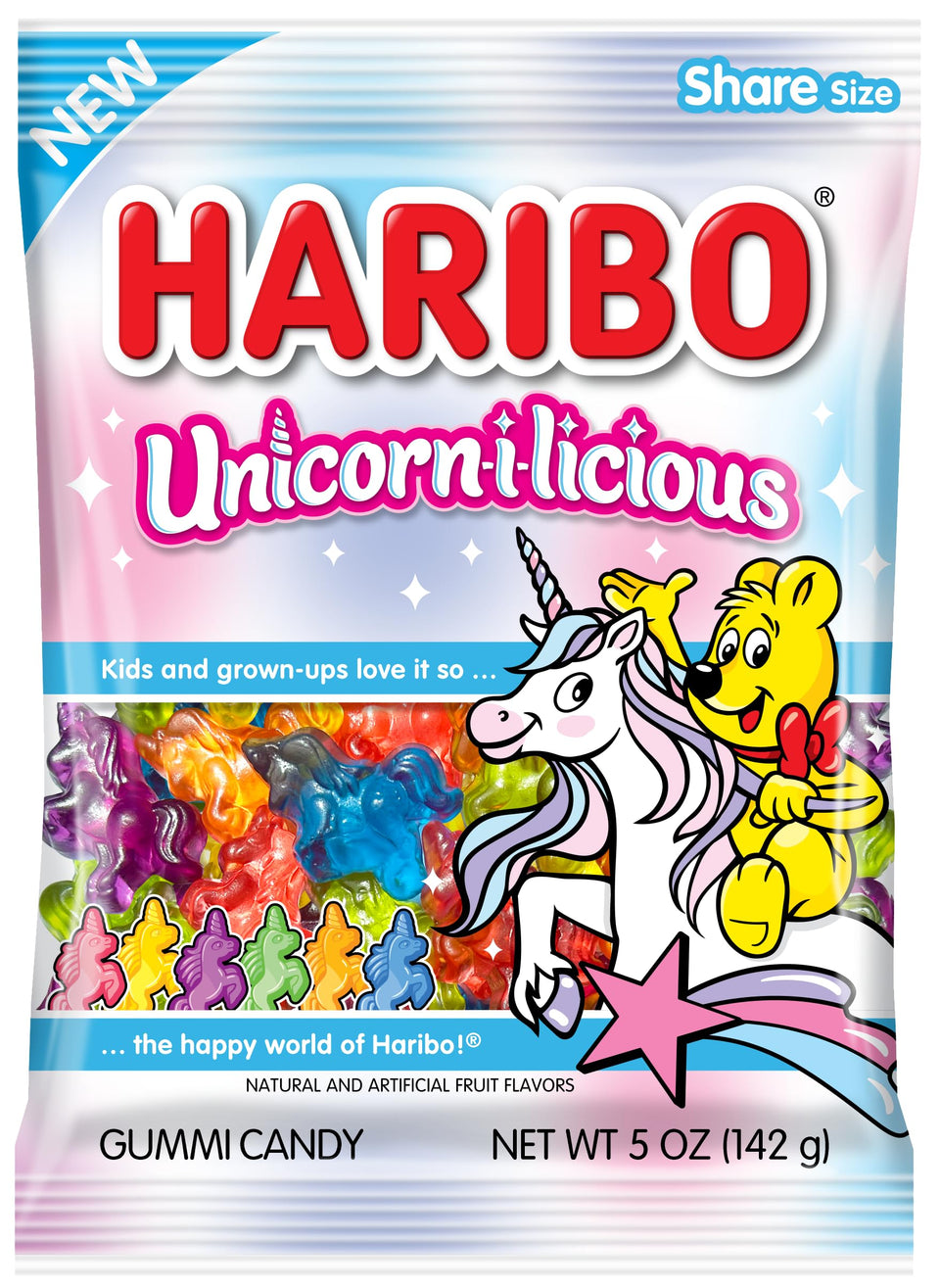 Haribo Unicornilicious gummy candies in a peg bag for easy party serving.