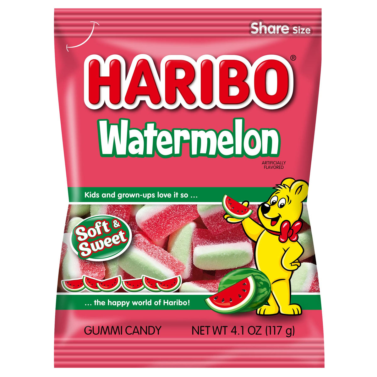 HARIBO Watermelon Gummy bag, vivid layers, soft and juicy for sharing.
