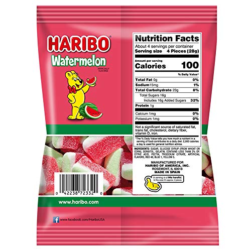 HARIBO Watermelon Gummy closeup, fruity flavor and candy-dusted coating.