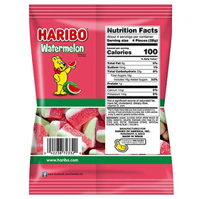 HARIBO Watermelon Gummy closeup, fruity flavor and candy-dusted coating.