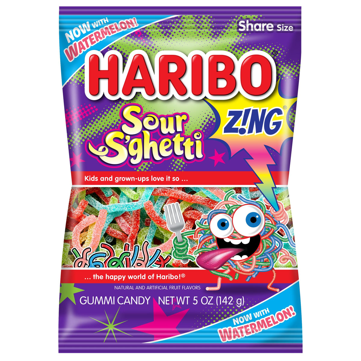 Haribo Z!NG Sour S’ghetti strands—soft, chewy sour gummies perfect for parties and dessert toppings.