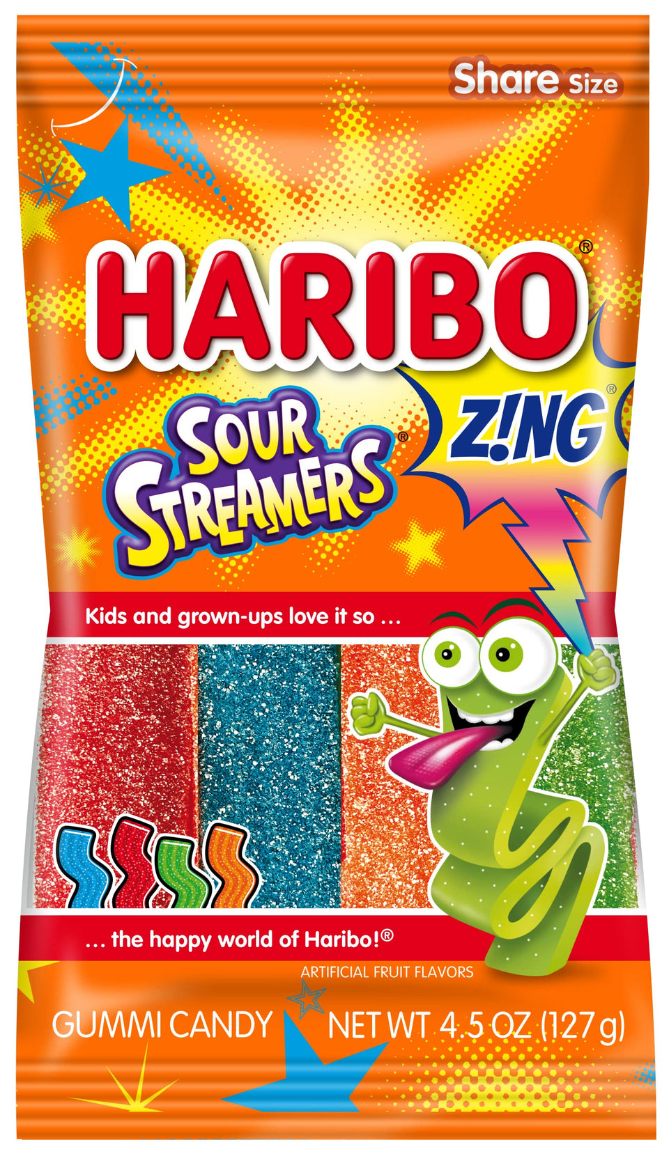 Haribo Z!NG Sour Streamers bag, tangy chewy gummies ideal for snacking and party favors.