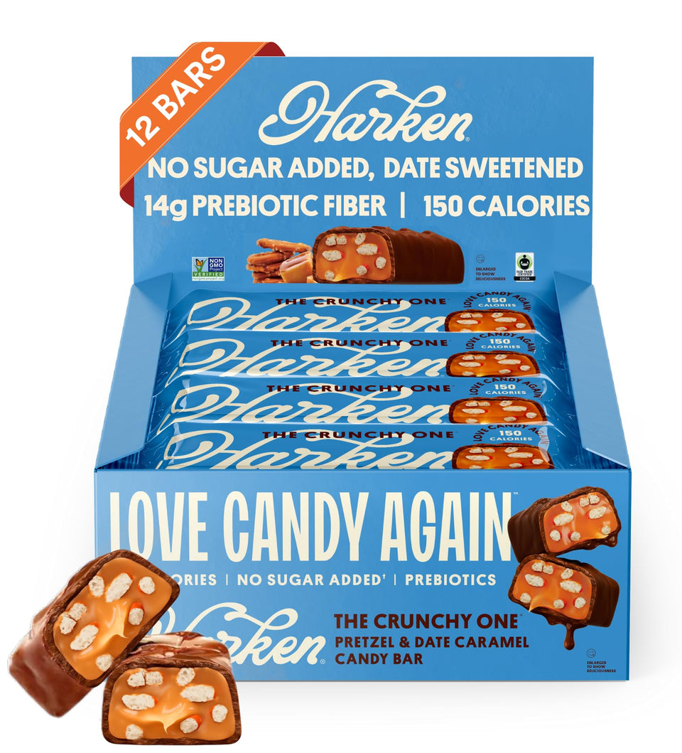 Harken Sweets Crunchy Pretzely One bar close-up highlighting pretzel crunch for on-the-go snacking.