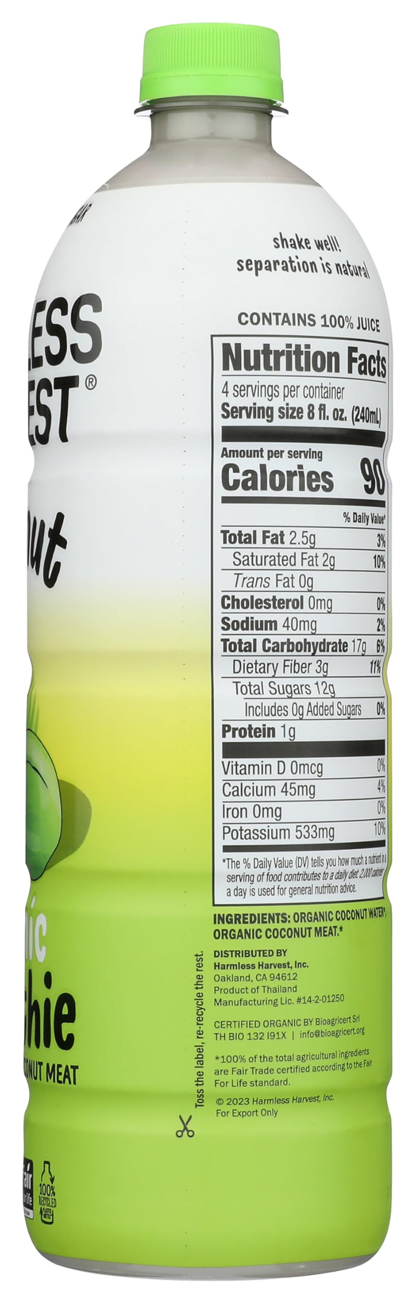 Harmless Harvest ingredients close-up, coconut water and meat highlight natural hydration.