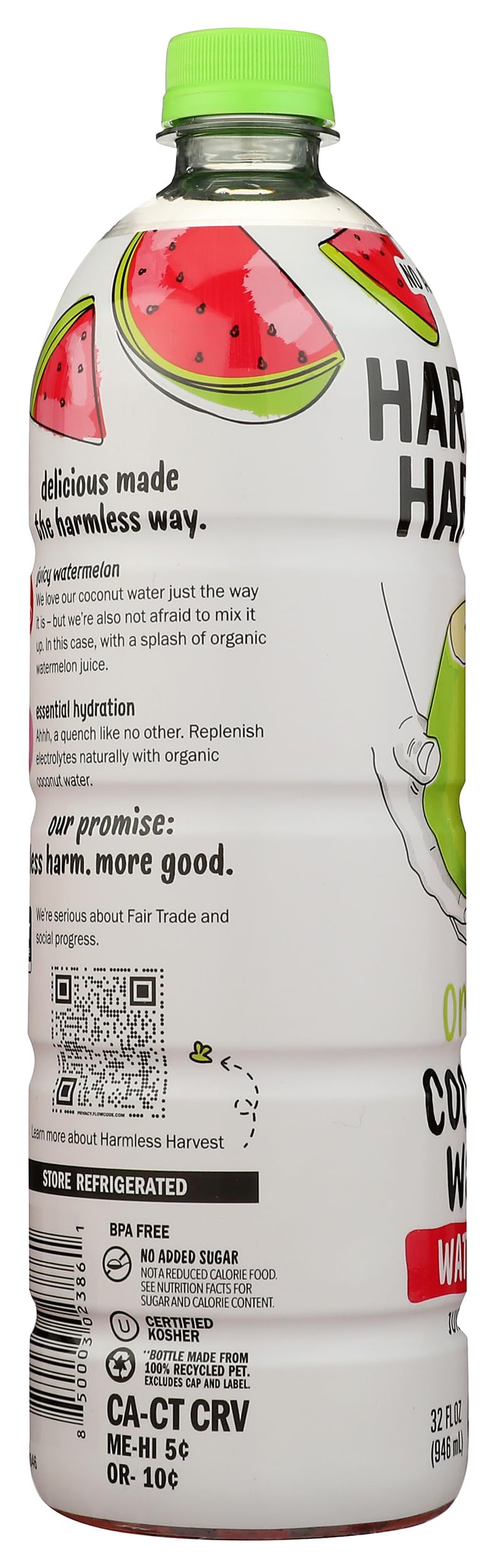 Harmless Harvest poured coconut water in glass communicates light, clean hydration.