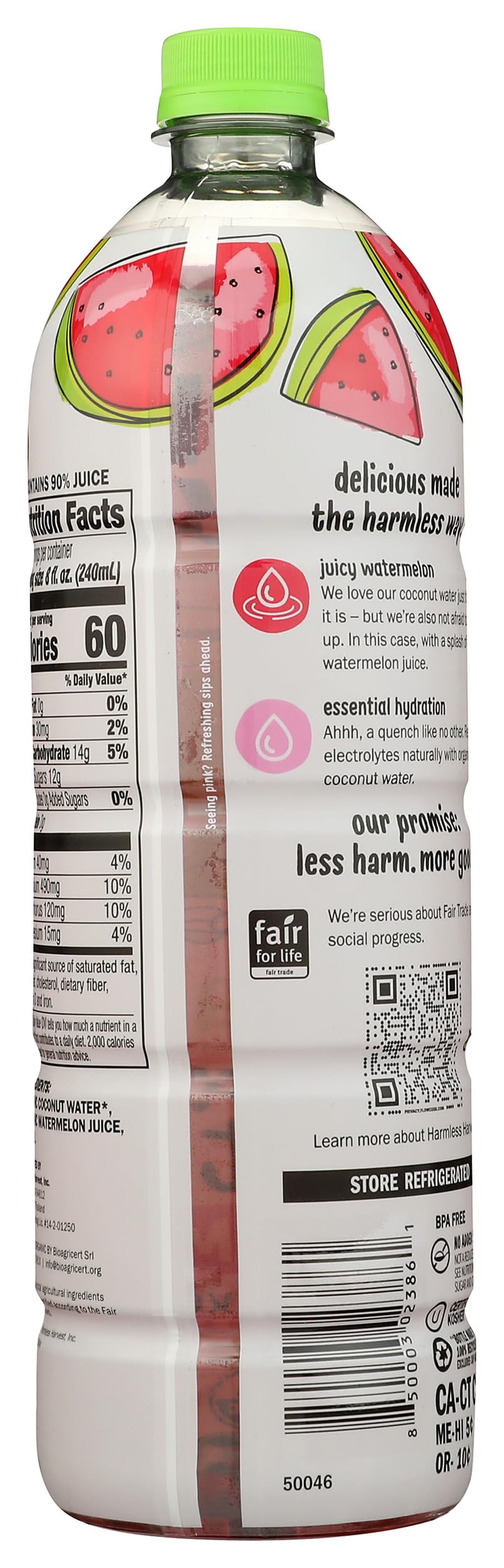 Harmless Harvest watermelon-flavored coconut water glass pour ideal for on-the-go refreshment.