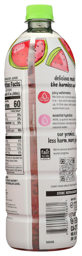 Harmless Harvest watermelon-flavored coconut water glass pour ideal for on-the-go refreshment.