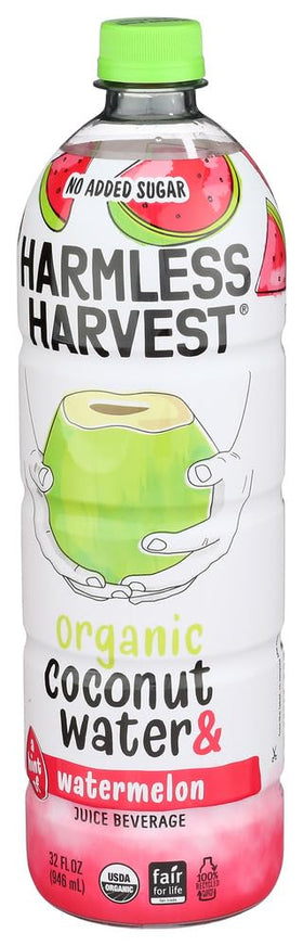 Harmless Harvest watermelon slices and bottle highlight fruity hydration option.