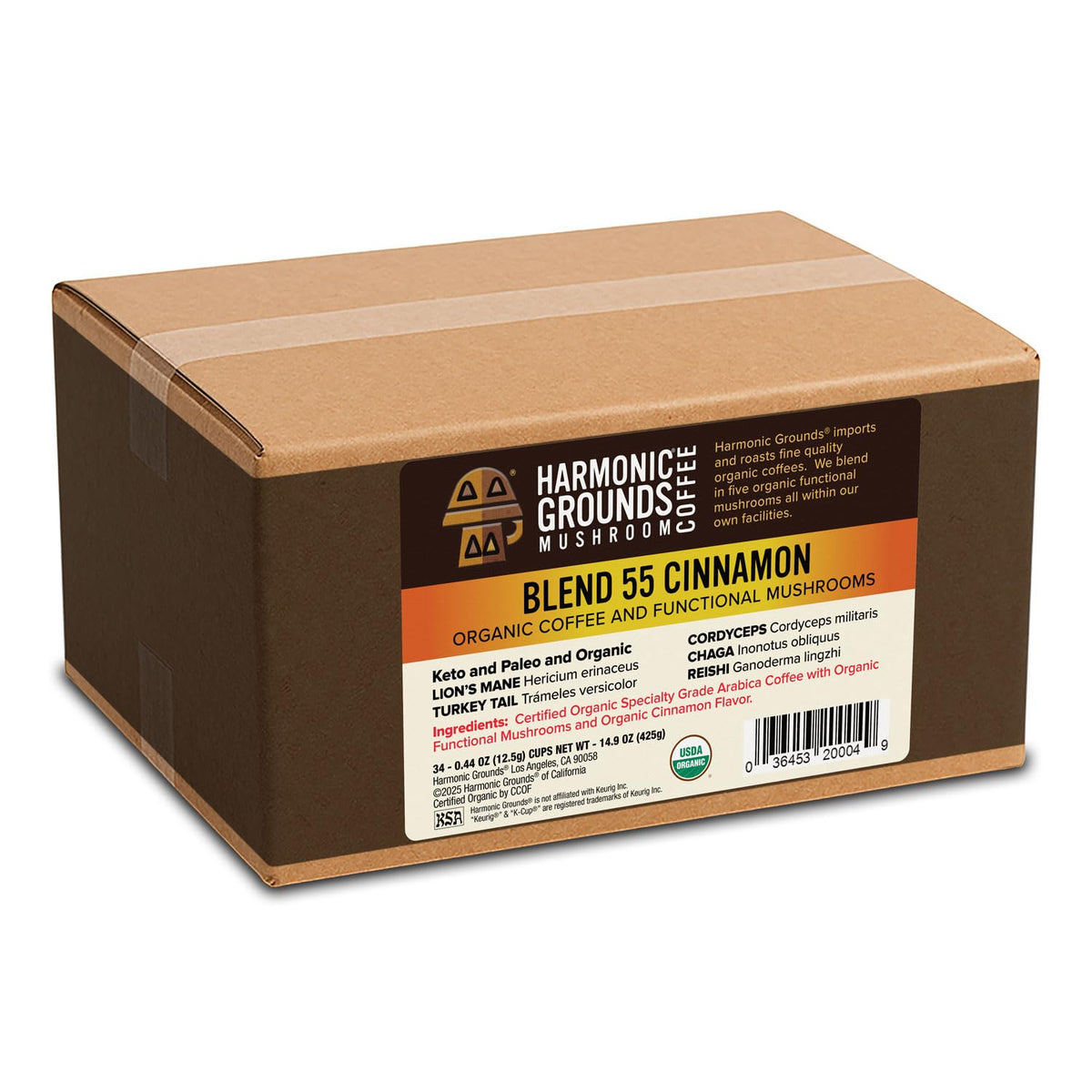 Harmonic Grounds cinnamon-flavored mushroom coffee pod brew for smooth taste and focused work
