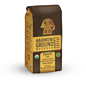 Harmonic Grounds Dark Roast Mushroom Coffee bag showing premium packaging for a clean brew.