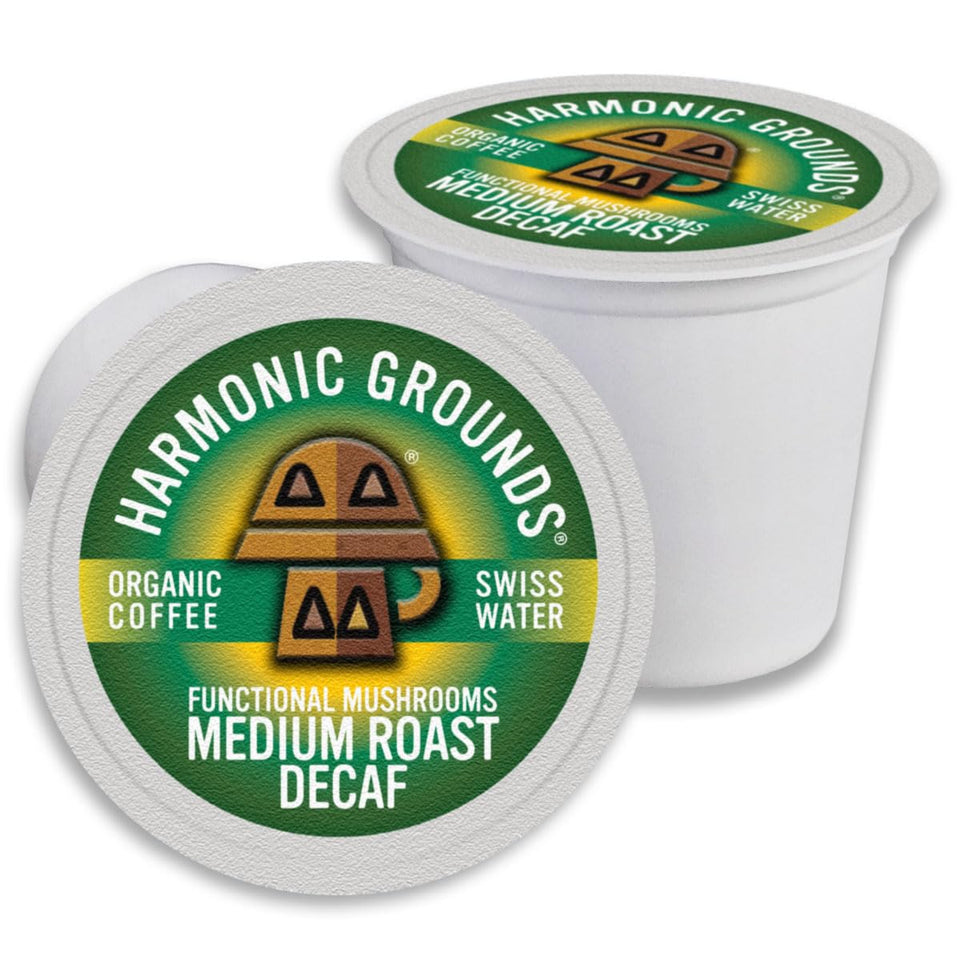 Harmonic Grounds decaf mushroom coffee pods pack for a convenient daily brew