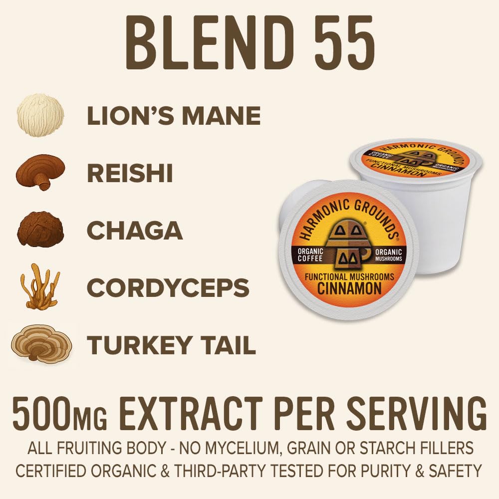 Harmonic Grounds Lion's Mane and other mushrooms close-up highlighting a balanced, flavorful brew