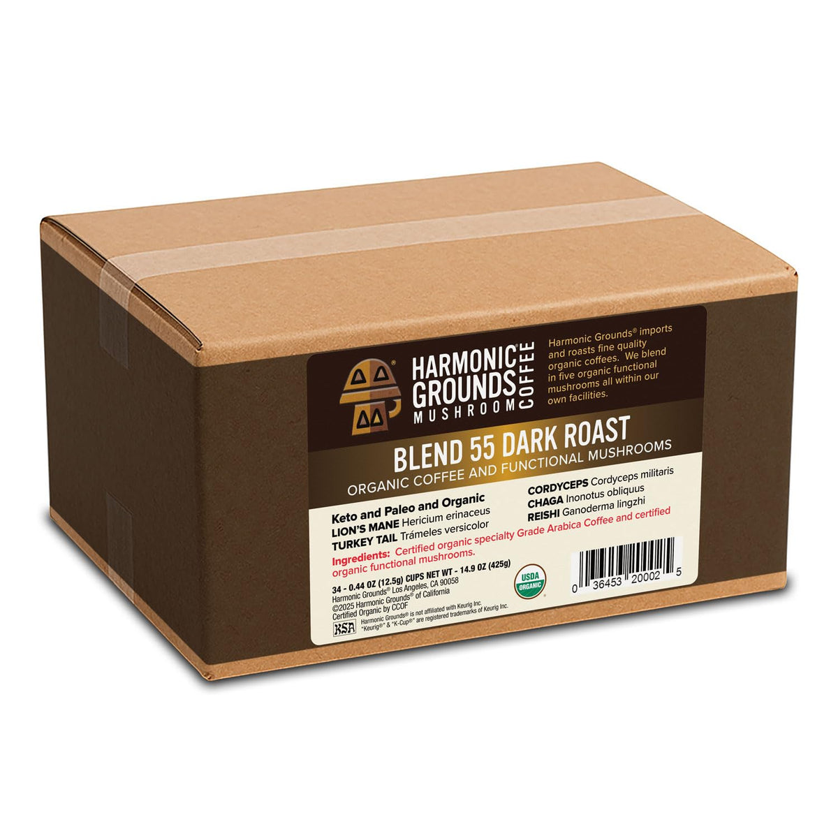 Harmonic Grounds mushroom coffee pods in a Keurig brewer, quick daily boost.