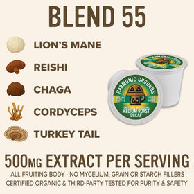 Harmonic Grounds organic mushroom blend label showing Lion's Mane and others for flavor