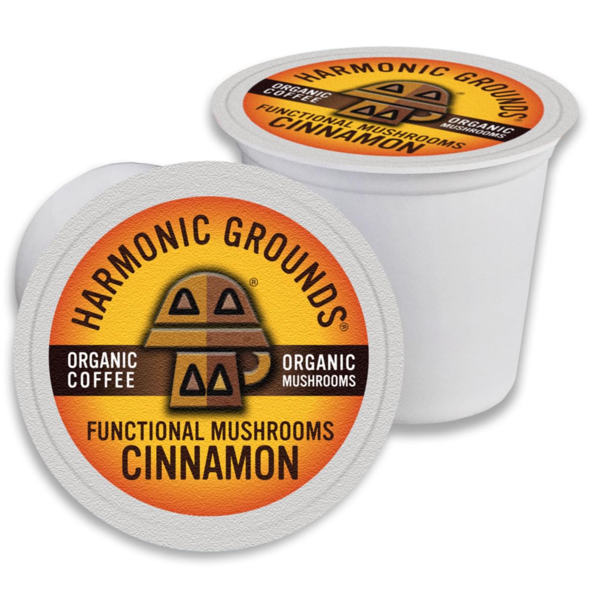 Harmonic Grounds organic mushroom coffee pods cinnamon packaging for a clean morning ritual