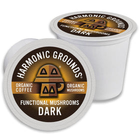 Harmonic Grounds organic mushroom coffee pods, dark roast close-up, deliver bold flavor.