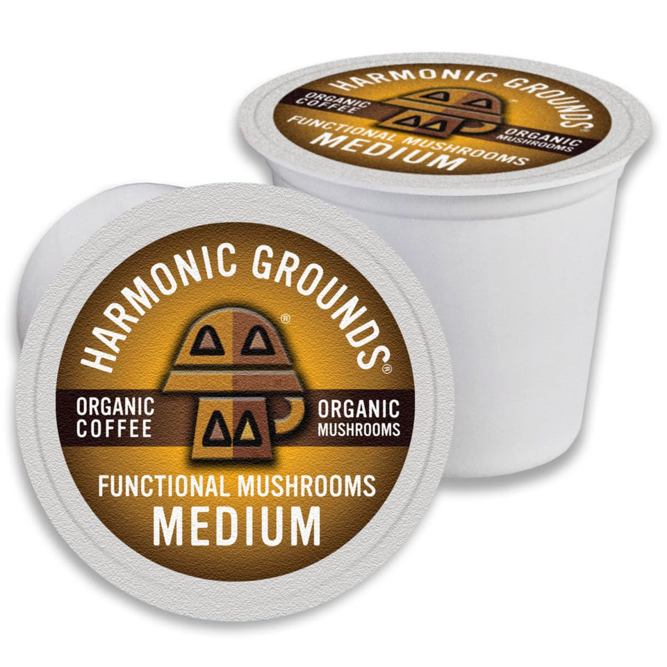 Harmonic Grounds organic mushroom coffee pods in packaging for a smooth morning ritual