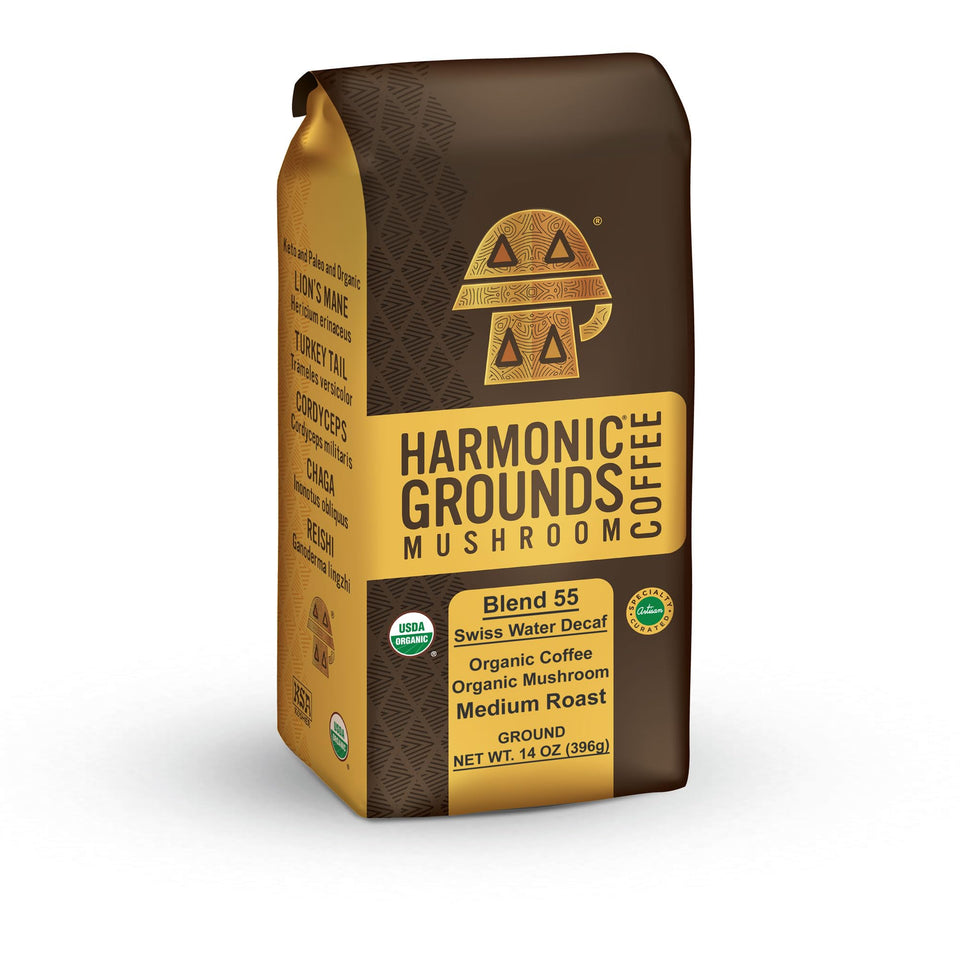 Harmonic Grounds Swiss Water Decaf pack preserves flavor with pure-water decaf and no chemicals.