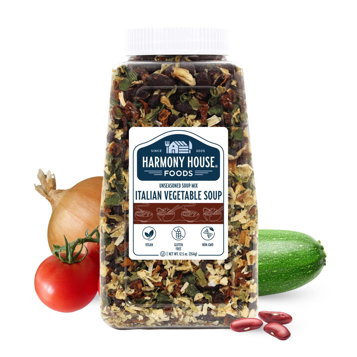 Harmony House Italian Vegetable Soup Mix jar — convenient gluten-free pantry staple.