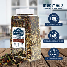 Harmony House label closeup highlighting low-sodium vegan ingredients.