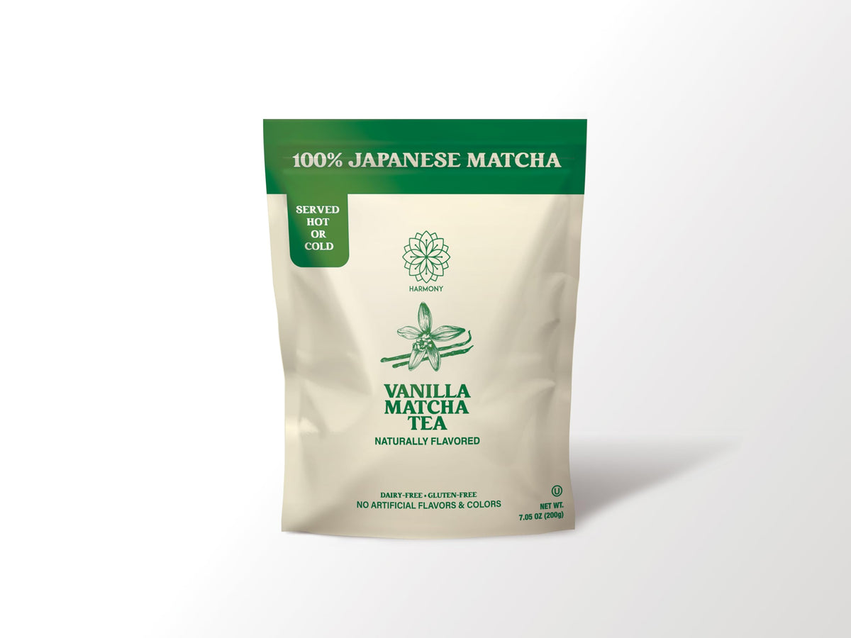 Harmony Matcha Vanilla front of bag showcasing premium blend for smooth, alert focus